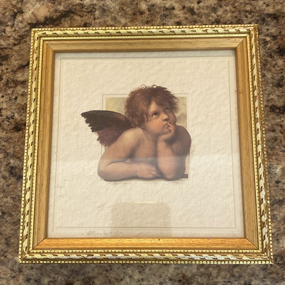 Armstrong Hauser Replicated Raphael Angel Cherub Beautifully Framed in Gold Tone